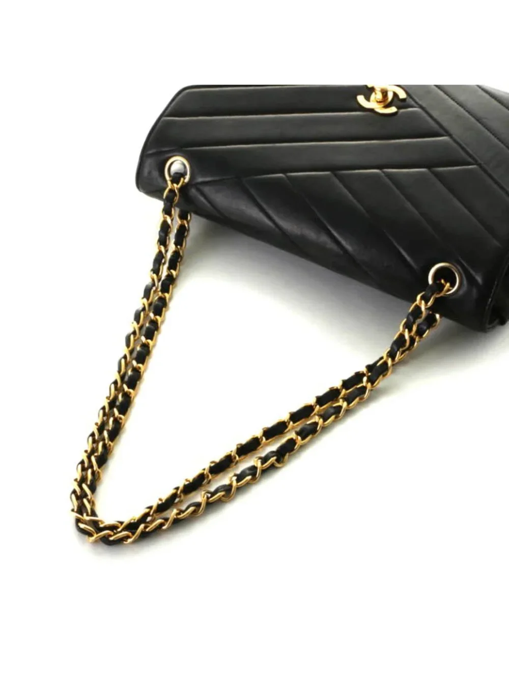 Chanel Bias Stitch 25 Chain Shoulder Bag Black Lambskin